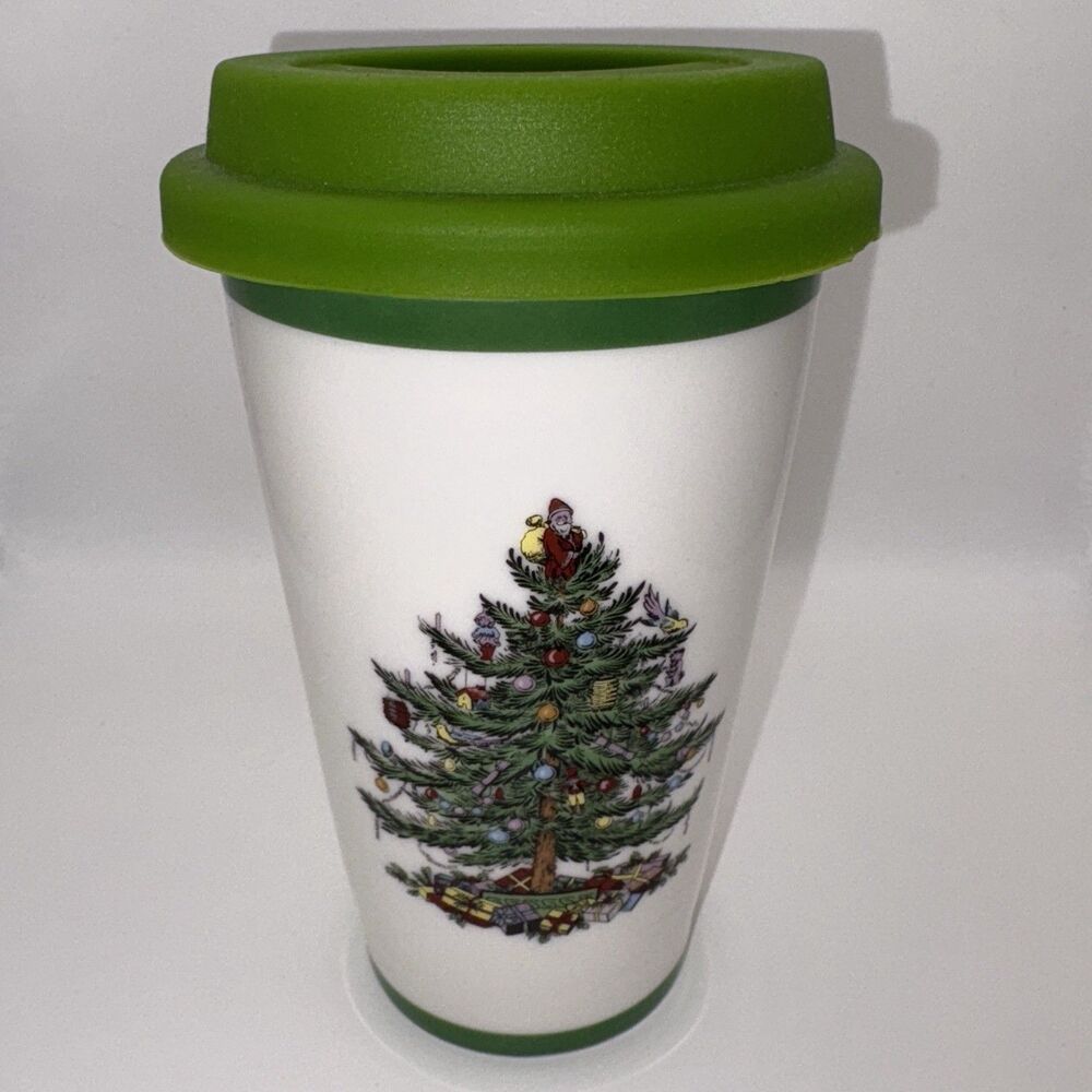 Spode Christmas Tree Ceramic Travel Mug with Silicone Lid | Holiday Coffee Cup